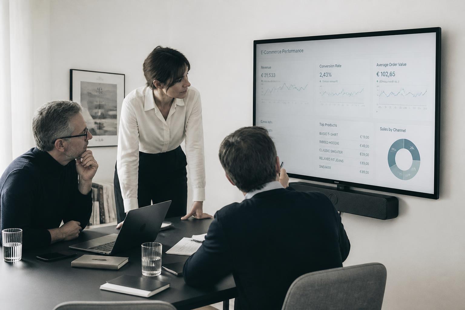Une équipe d'experts analyse les performances d'une boutique en ligne dans un bureau lumineux